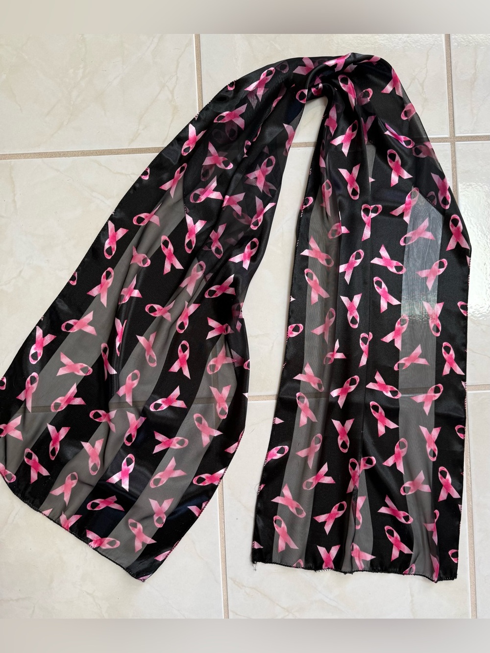 Black Sheer Scarf with Pink Breast Cancer Awareness Ribbon Print